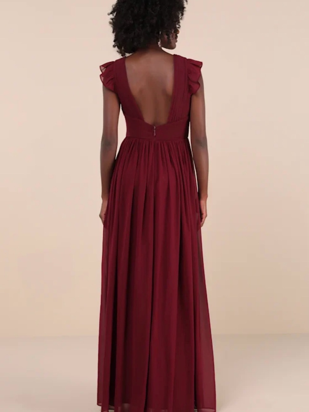 Lulu's Deep Burgundy V-Neck Ruffle Sleeve Maxi Dress - Picture 2 of 3